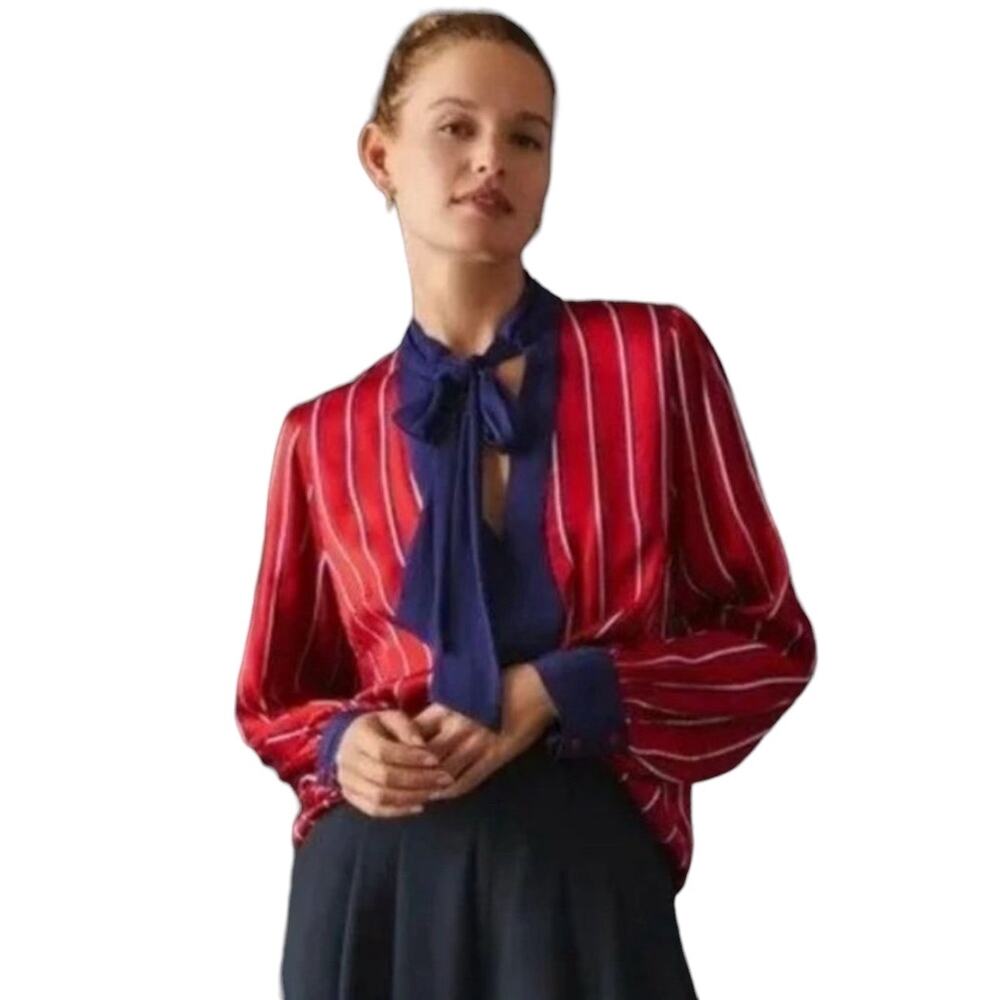 Maeve by Anthropology Tie-Neck Blouse Red White Blue Striped Blouse NWT